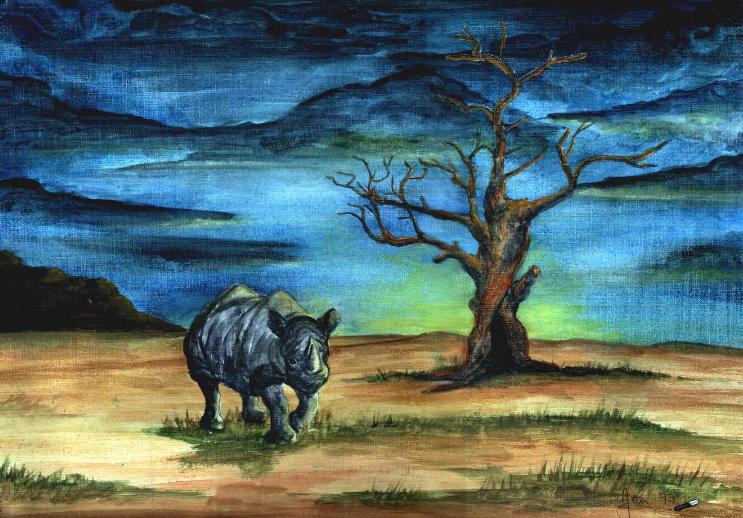 Rhinoceros and tree on African plain at dawn